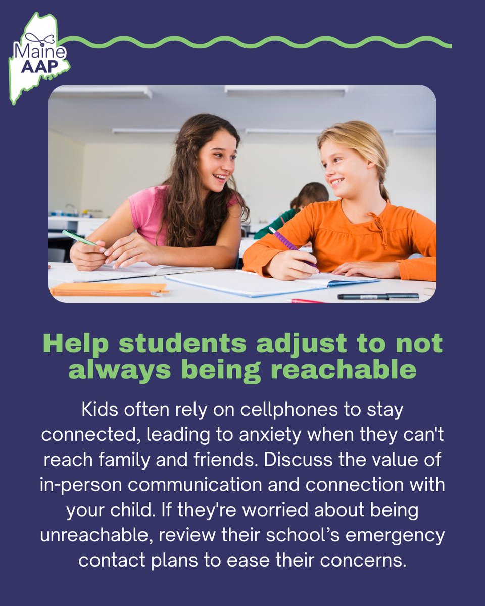 MaineAAP's tweet photo. Maine’s “Bell to Bell, No Cell” law goes into effect on Aug 1. While some students may already be used to phone restrictions, some will be experiencing a school day without access to phones for the very first time &amp; may need support from the adults in their lives as they adjust. https://t.co/xC1Di7dN9F