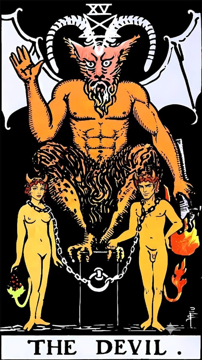 selvatica_arcan's tweet photo. já perceberam que, tanto na carta dos Enamorados, como na carta do Diabo, há 2 pessoas nuas? 

essas 2 pessoas representam, no Tarot de Waite, Adão e Eva. Mas em cada carta, elas tem diferentes significados e jornadas.

na carta dos Enamorados, Adão e Eva estão no Jardim do Éden. Eles ainda estão puros, livres, diante da escolha de morder ou não a maça. Estamos falando sobre o livre-arbitrio nessa carta. 

já na carta do diabo, eles aparecem acorrentados. A figura do diabo em si, representa vícios, dependências, obsessões, paixões descontroladas, materialismo e padrões tóxicos. Ou seja, o casal já fez sua decisão e agora vive as consequências das escolhas feitas no Éden. 
as correntes que os aprisionam são frouxas, demonstrando que esse vínculo é fragil e, principalmente, uma escolha também!