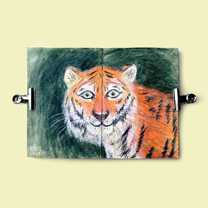 FawaShah's tweet photo. Happy #internationaltigerday 🐅

Fun fact: Tigers rarely roar and are humble towards their group. The male tigers allow the female and cubs to eat first! How polite is that?!? 😍
•

#sketchbookdrawing #oilpastel #kidlitart #childrensbooks https://t.co/HSdLvFWWMQ