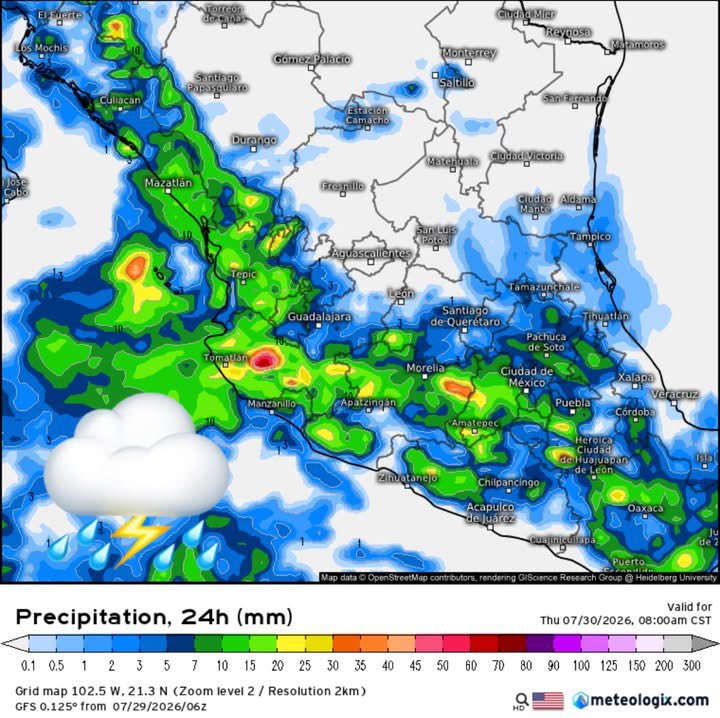 InfoMeteoro's tweet photo. ✅PRONÓSTICO MIERCOLES 29/JUL/2026 

“Seguirán fuertes precipitaciones en la Sierra Madre Occidental, centro, sur, occidente y parte del sureste del país; calor extremo en el norte…” 

⛈️LLUVIAS Y TORMENTAS C/GRANIZO

🔴EVENTOS MÁS INTENSOS🔴
-Nay, Jal, Col, Mich, Gto, Qro, Hgo, Pue, Tlax, EdoMex, CDMX, Mor, Gro, Oax, Chis y Sierras de Son, Chih, Sin, Dgo

🟡EVENTOS AISLADOS FUERTES
-BCS, SLP, Ver, Tab, Camp, Yuc, QRoo

🌡️AMBIENTE DIURNO☀️
♨️🔥 >45ºC norte de BC-Son
🔥41-45ºC BC, BCS, Son, Sin, Chih, Coah, NL, Tamps, Mich, Gro, Tab, Camp, Yuc
🥵36-40ºC noroeste, norte, noreste, sureste
😅26-35ºC Pacífico sur, oriente, Bajío, Occidente
😌15-25ºC Altiplano centro

⚠️🌬️RÁFAGAS DE VIENTO km/h
35-60 estados del norte, centro, sureste, siendo mayores en zonas de tormenta