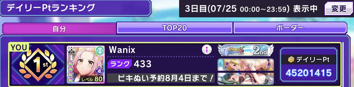 Wanix246's tweet photo. 「復刻 Welcome! Peaky’s Freedom Summer!!～Return to Beach～」
150,000,000Pt 2位🥈
152,368,065コイン 2位🥈
DAY3 1位　獲得しました〜

復刻イベント水着イベは予想外…
3日目の並走がめちゃくちゃ楽しかったです
マッチング、スタンプ応援やプラベしていただいた皆様ありがとうございました！ https://t.co/KpeKvTU8WU