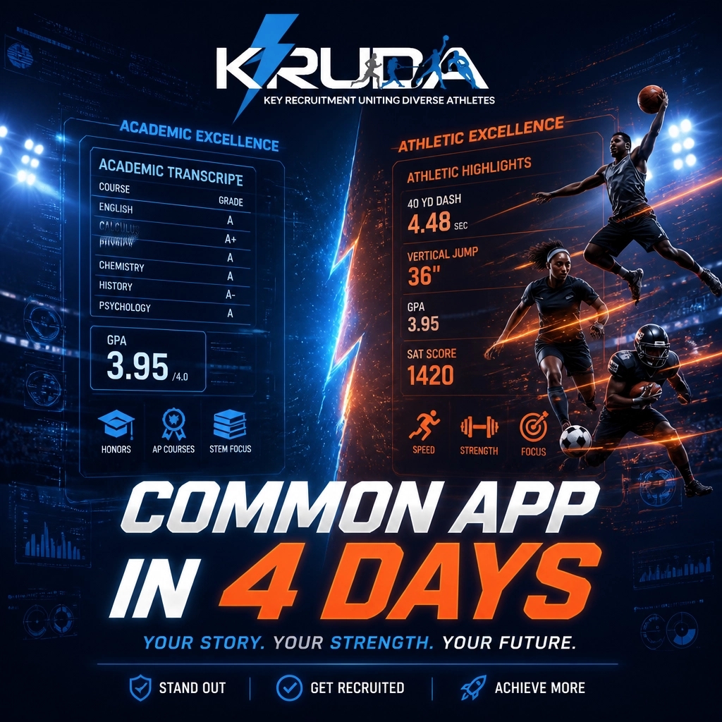 Kruda59's tweet photo. The Common App opens in 4 days! Coaches evaluate your GPA &amp; film. 73% of D1 coaches make eligibility their #1 filter. Get your KRUDA profile &amp; Common App ready. #Recruiting #CommonApp #StudentAthlete #KRUDA https://t.co/6hsfr78UC8