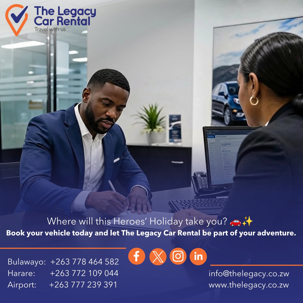legacy_rental's tweet photo. Freedom to travel, comfort to enjoy. Where will the road take you this Holiday?

Unwind in style this holiday. Partner with The Legacy for your mobility needs.

Book your ride today on 0772 109044!

#HeroesWeekend #ZimTravel #ExploreZimbabwe #TravelWithUs #RoadTrip #ComfortAndClass #Harare #Bulawayo