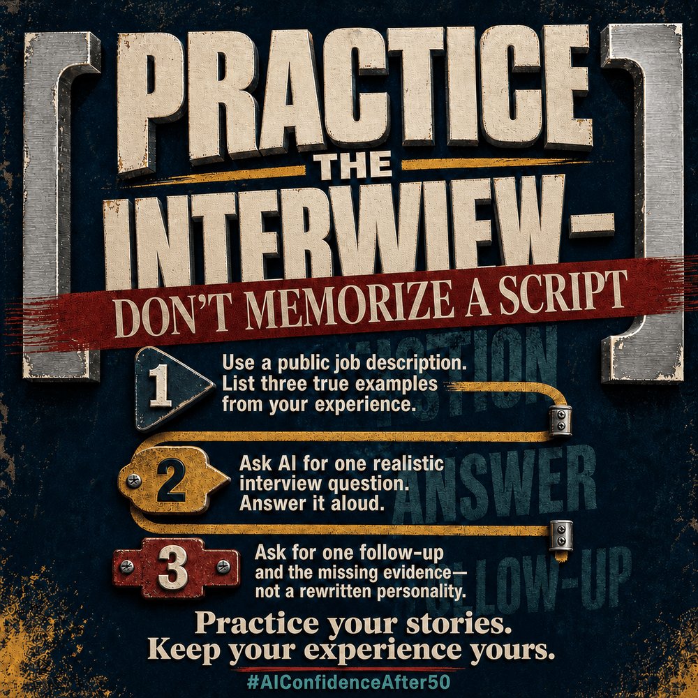 KGissGen_X's tweet photo. An interview is not a memory test. Give AI a public job description, answer one realistic question aloud, then ask for a follow-up and the evidence your answer is missing. Practice your real stories—not an AI-written personality. #AIConfidenceAfter50 https://t.co/BXtDgYKecx
