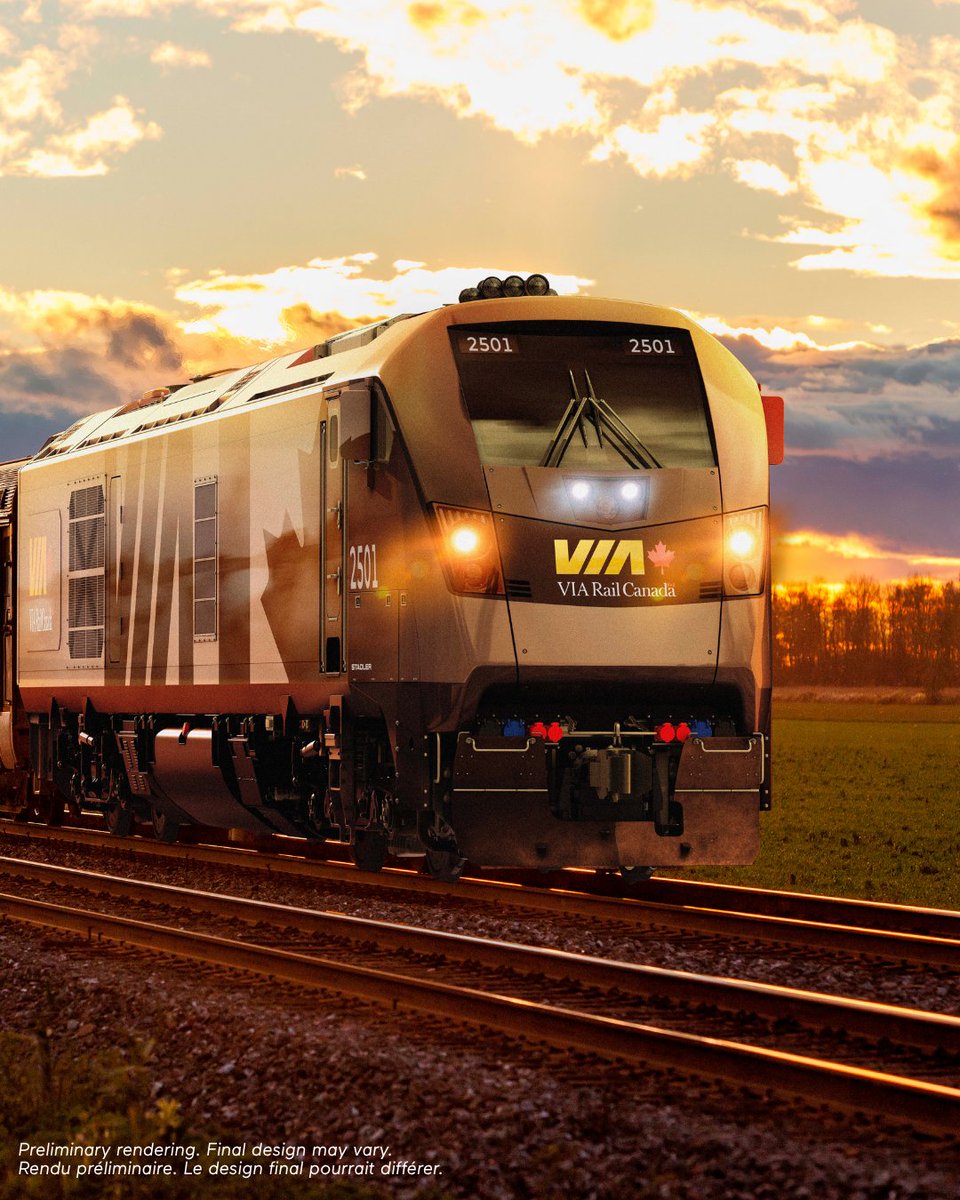 VIA_Rail's tweet photo. Le gouvernement du Canada annonce un investissement de 1,95 G$ pour renouveler le parc ferroviaire pancanadien de VIA Rail, avec 45 nouvelles locomotives hybrides batterie-diesel et une nouvelle installation d’assemblage et d’entretien à Montréal: https://t.co/hTsC49a1Ey https://t.co/N0UM0838YQ