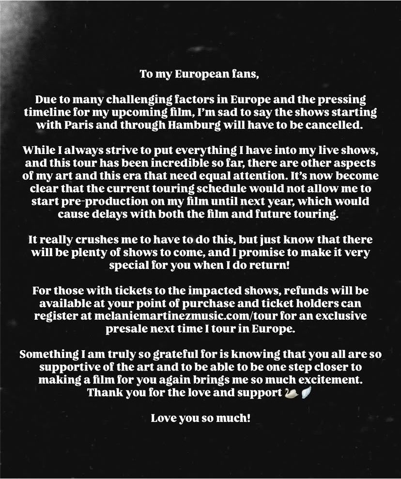 MelanieMBrasil's tweet photo. 🚨 O FILME É REAL! 

Melanie Martinez anuncia via Instagram que parte dos seus shows na Europa (de Paris a Hamburgo) foram cancelados para que ela possa focar na pré-produção do seu novo filme. https://t.co/IRQT4iVXp6