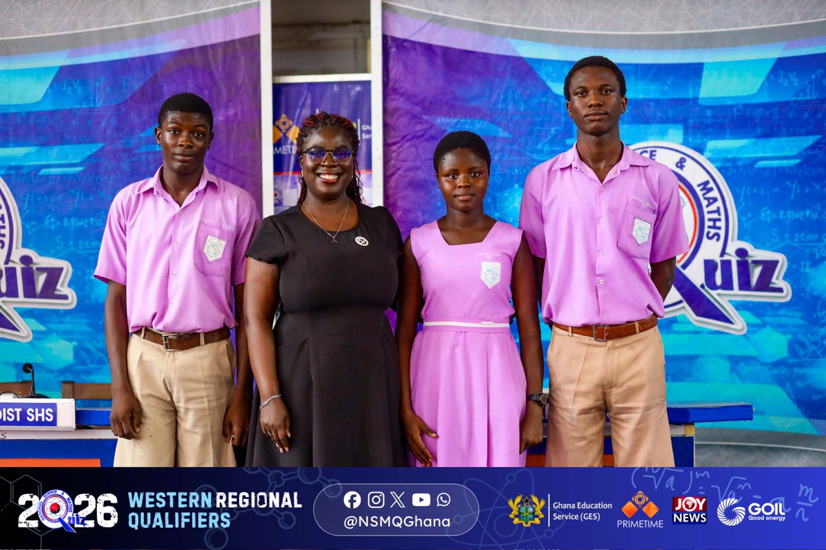 NSMQGhana's tweet photo. WESTERN:

End of Contest

Shama SHS: 40pts
Fiaseman SHS: 36pts
Methodist SHS: 17pts

Shama SHS are going to the National Championship!💯

#NSMQRegionals #NSMQ2026 #Primetime https://t.co/JrcW8xAsHj