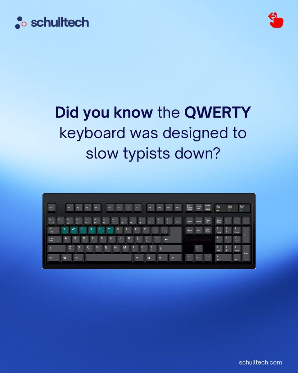 schulltech_'s tweet photo. Your keyboard layout was designed to slow you down, not speed you up. 

QWERTY was created in the 1870s to stop typewriters from jamming. 

The jamming problem is gone. The layout never left.

#TechFacts #DidYouKnow #SchullTech https://t.co/aF9BgkAWRx