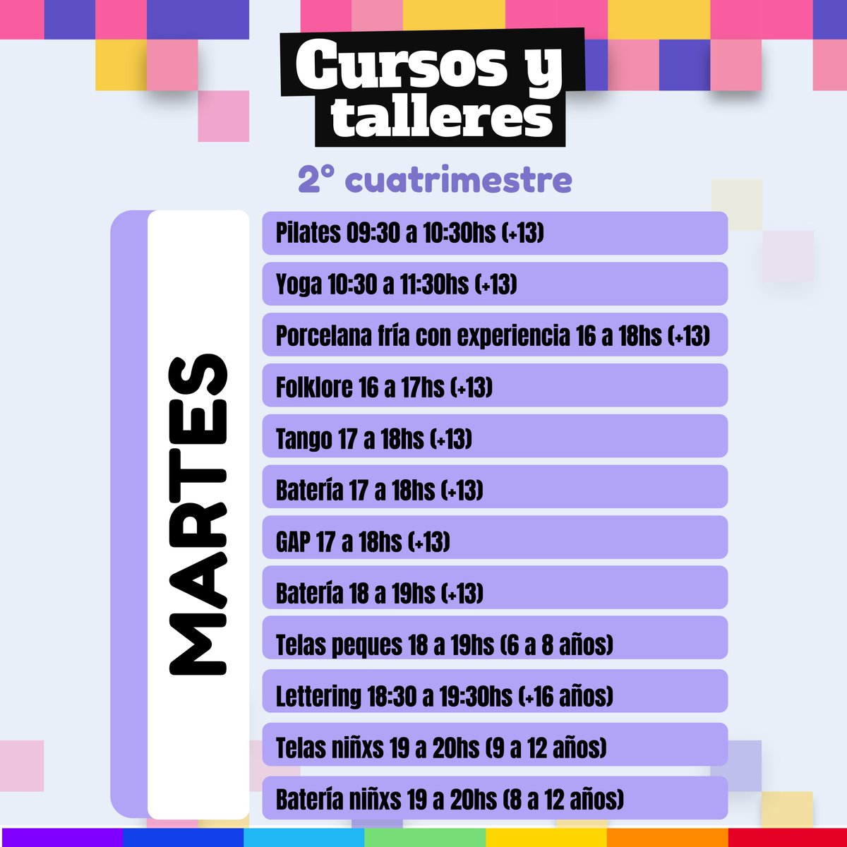 AtsaBsAs's tweet photo. ⏰ ¡Última semana de inscripciones!

Hasta el 31 de julio podés anotarte a los cursos y talleres del 2.º cuatrimestre del Complejo Cultural.

🎭 Propuestas para niñas, niños y personas adultas de la familia de Sanidad.

📍 Presencial o 💻 preinscripción online.

🔗 https://t.co/s2vFCJTmMJ