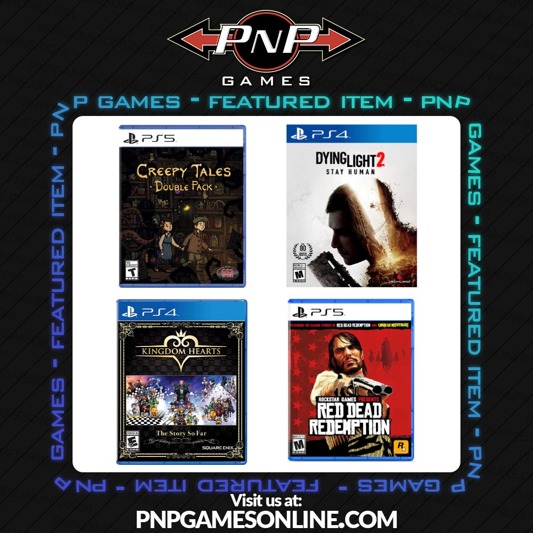PNPGames's tweet photo. 100+ Physical PlayStation Titles for $24.99 CAD (~$18 USD) and Under at PNP Games!
https://t.co/DiyxYauKhK
-Creepy Tales Double Pack PS5
-Dying Light 2 Stay Human PS4
-Kingdom Hearts The Story So Far Collection PS4
-Red Dead Redemption PS5
...and many more!

🕹️ shop https://t.co/4uaCxaXOfJ
📺 Browse all items on sale: https://t.co/gfYnVUKZJk