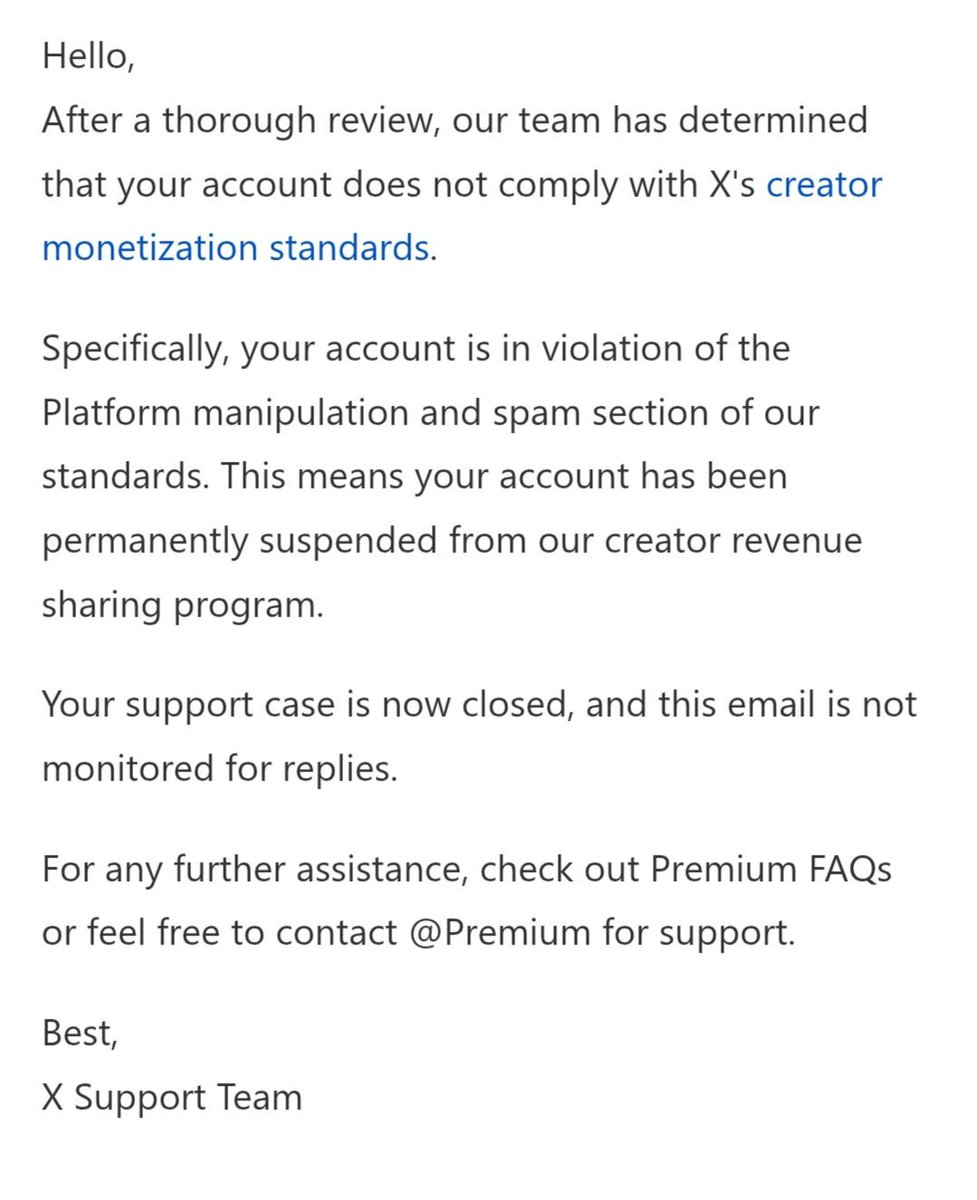 lippyent's tweet photo. @Support @premium @nikitabier @elonmusk  My account was wrongfully accused of Spamming by your AI ! I request a review of my account checked by a real life person , and reinstated in the creator program.

🤖 I've just forwarded this to a specialist on our support team. Your reference number is PSDM-910293. Since it's in their hands now, I won't be able to respond to you, but you'll receive a DM notification as soon as possible.

Still no response!