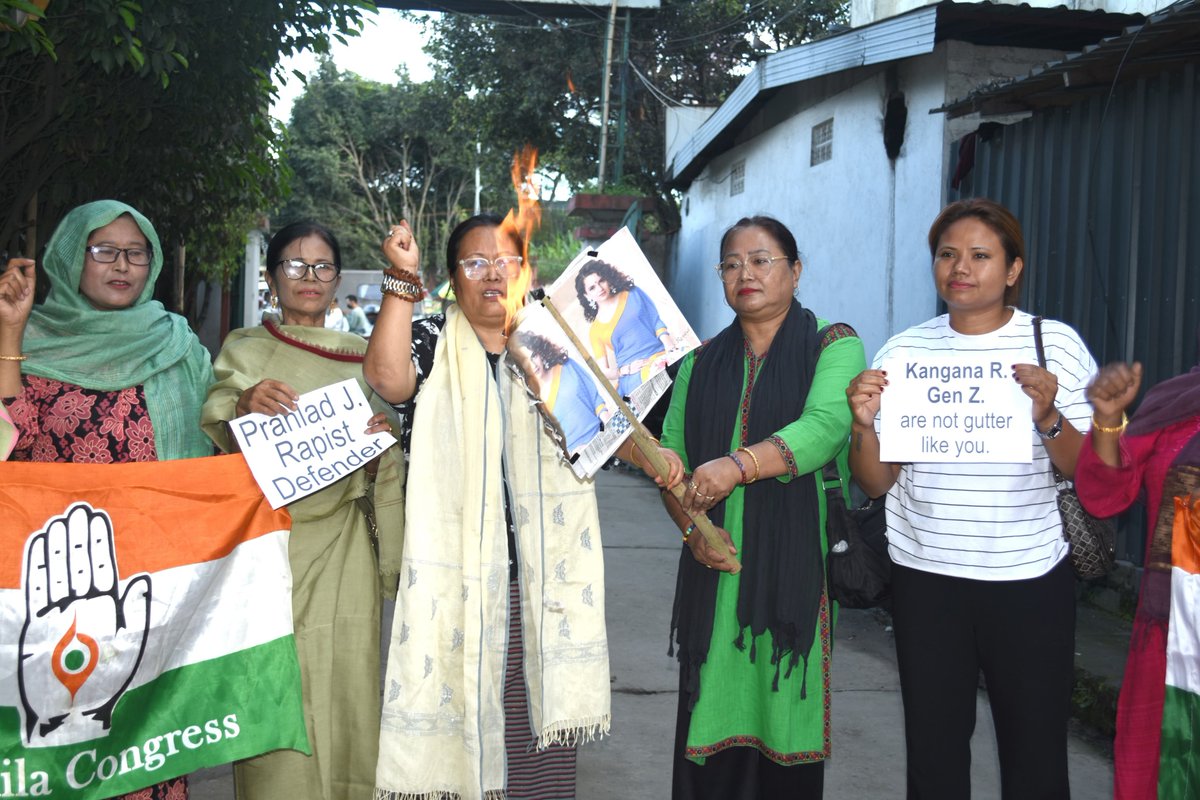 MutumSarma's tweet photo. Manipur Mahila Congress (MPMCC )staged a protest condemning Union Minister Pralhad Joshi for allegedly defending the accused in a rape case, and BJP MP Kangana Ranaut for her defamatory remarks against Gen Z, the youth who are the pillars of our nation's future. https://t.co/LsB6pTXmtm