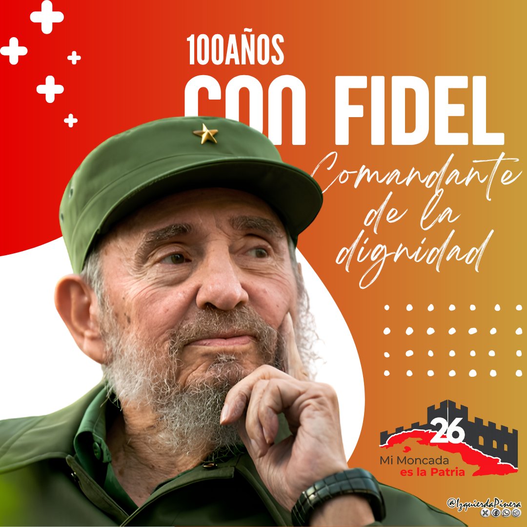 IzquierdaPinera's tweet photo. #100AñosConFidel: tu legado es lucha, es pueblo, es dignidad. Hoy más que nunca, seguimos tu ejemplo: frente al imperio, ¡rebeldía! Frente a la mentira, ¡verdad! Porque contigo aprendimos que la patria es humanidad. 
¡Viva Fidel, viva la Revolución!
#IzquierdaPinera https://t.co/7v2M58CGWx