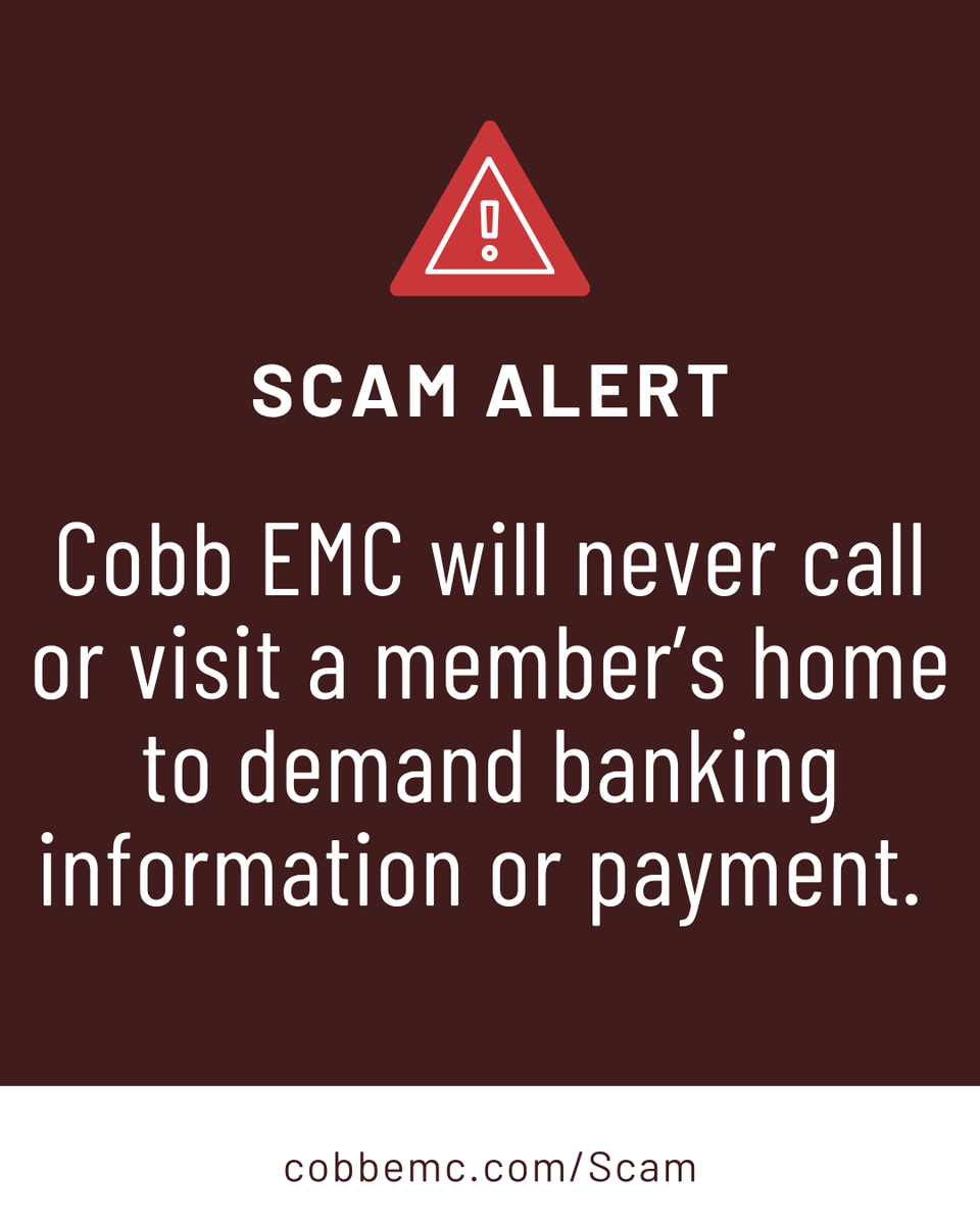 cobbemc's tweet photo. Your safety is important to us. We’ve been notified of scam calls targeting members claiming bank information is needed to refund overpayment. Please know that Cobb EMC will never call asking for sensitive banking information. Any refunds are paid via bill credits or checks. We also will never call or come to your home demanding immediate payment. If something doesn't feel right, trust your instincts, hang up, and call us at 770-429-2100 to verify. For scam prevention tips, visit https://t.co/yNltAbVBG2.