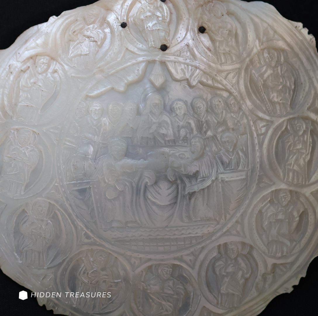 OscottCollege's tweet photo. A top 5 museum favourite: this Mother of Pearl baptismal scoop features an intricate Last Supper carving and shell motif, symbolising a lifelong pilgrimage of faith. 🐚✨ https://t.co/qmf2m7z9sL