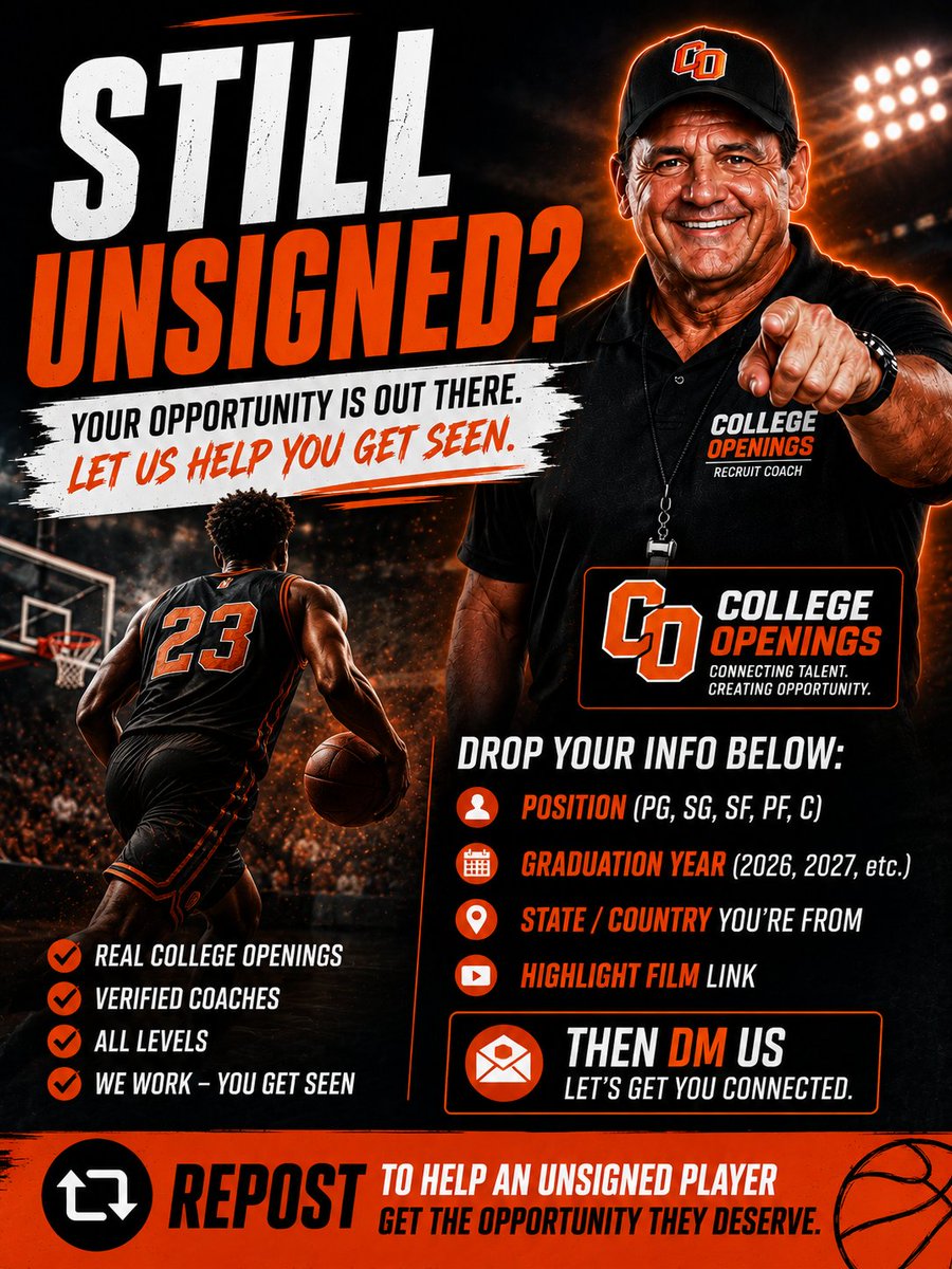 Collegebbopens's tweet photo. 🏀 STILL UNSIGNED?

Drop your position + graduation year + state/country + highlight film below, then DM us.

Coaches, trainers and parents: tag an available player who still needs an opportunity.

Repost and help them get seen. https://t.co/X6JY5htwO5