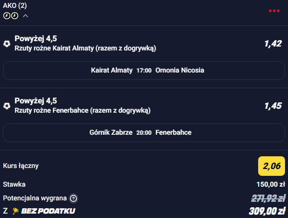 mirobets's tweet photo. Dubelek na kwalifikacje do lm

Kairat Almaty powyżej 4.5 rożnych 
Fenerbahce powyżej 4.5 rożnych 
Kurs 2.06 
Stawka: 150 zł 
Bukmacher: Betclic https://t.co/PFAuW2zCzj
