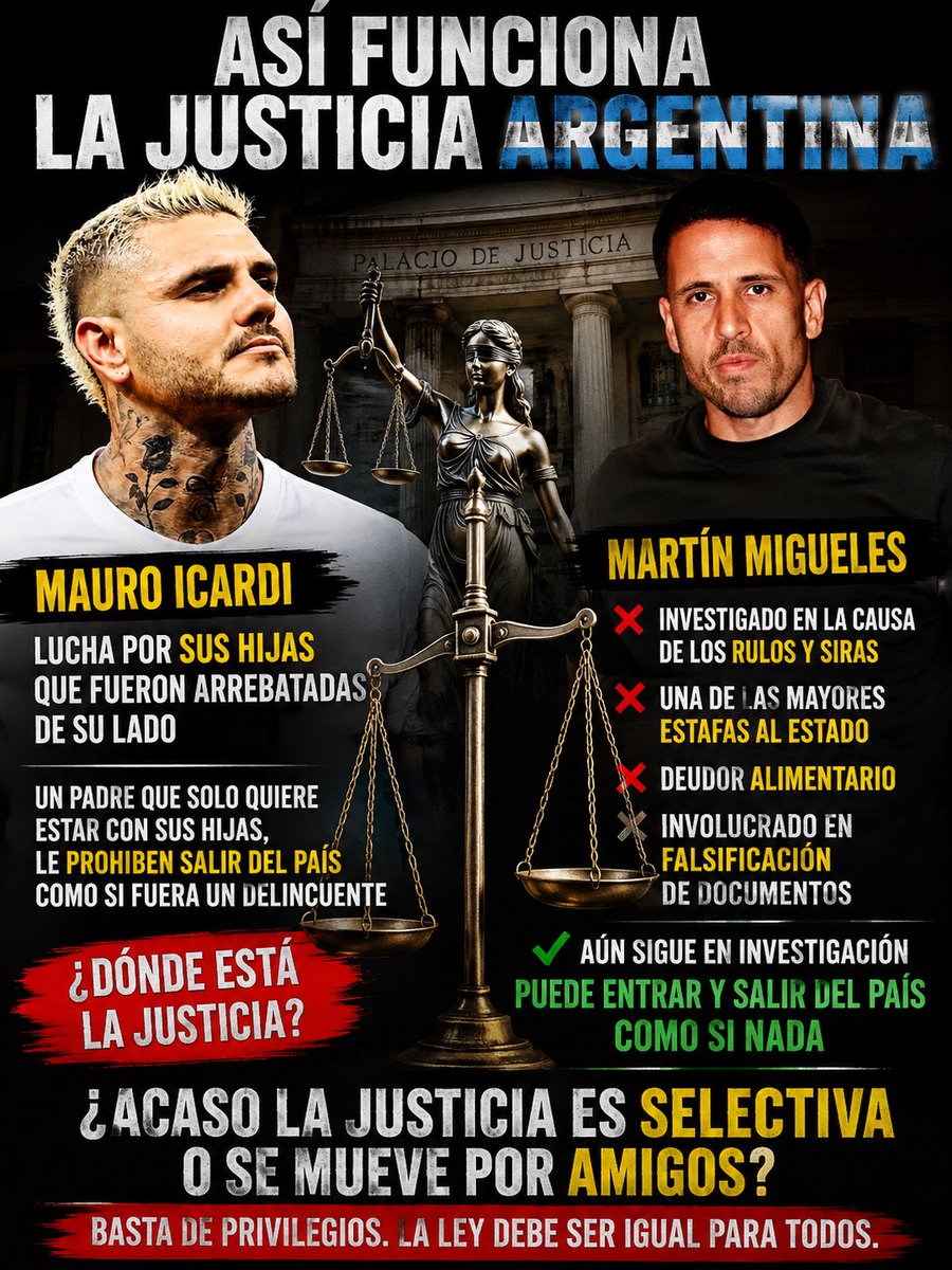 PeteFeInforma's tweet photo. Así funciona la justicia argentina. Mientras Martín Migueles, investigado en una de las causas económicas más resonantes de los últimos años, continúa en libertad y puede entrar y salir del país como quiere y cuando quiera mientras la investigación sigue su curso, a Mauro Icardi, un padre que lucha por recuperar el vínculo con sus hijas y que no está condenado por ningún delito, una jueza le prohíbe salir del país como si representara un peligro. ¿Cuál es el criterio? ¿La misma vara para todos o una justicia selectiva? Porque cuando quienes están bajo investigación por causas de enorme gravedad conservan su libertad de movimiento y a un padre inmerso en un conflicto familiar se le impone una restricción de esta magnitud, la confianza en la Justicia inevitablemente se resiente. La ley debería aplicarse igual para todos, sin excepciones ni privilegios. #JusticiaParaMauroIcardi 
@abrilcba_  @JMilei @MateconMote