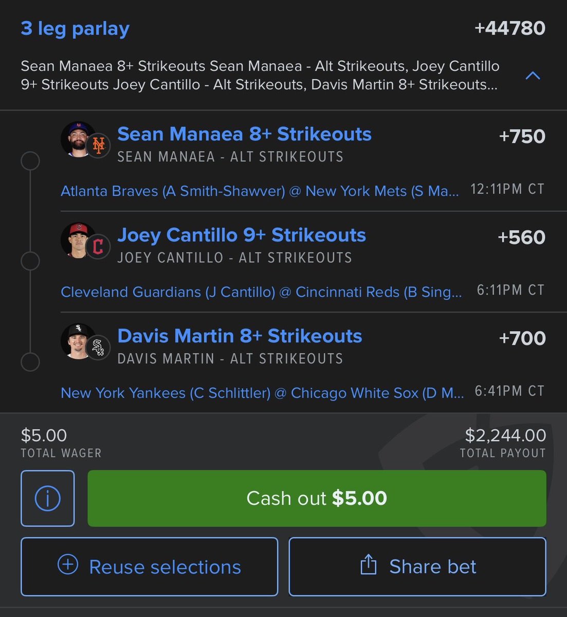 ProfitDawg's tweet photo. Lotto of the day goes to.....

Sean Manaea ladder 7 Ks < 8 Ks
Joey Cantillo ladder 8 Ks < 9 Ks
Davis Martin ladder 7 Ks < 9 Ks

Sean Manaea may not be a popular pick here but this page and all my picks are about +EV (Expected Value) If you check the odds for both picks now 7 Ks is at +320 on FD & 8 Ks is at +660 on DK

Not going into detail about the rest of these guys as more of the same would need to be explained for Cantillo and Martin but the FV (Fair Value) for both plays are at +22076 for the mega lotto and +5412 for the stepped down play.