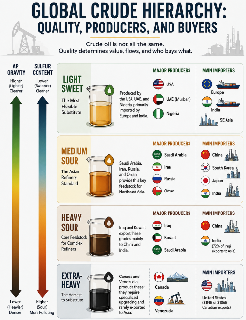 jackprandelli's tweet photo. China’s Oil Problem Is Not Just Volume. 

It Is Quality 🛢️🇨🇳

Crude oil is not all the same.

And that explains one of the biggest shifts in the market right now.

China’s refining system is heavily built around medium sour crude, the type of barrel that comes mainly from the Gulf:

🇸🇦 Saudi Arabia
🇮🇶 Iraq
🇰🇼 Kuwait
🇮🇷 Iran
🇴🇲 Oman

These barrels are not easy to replace overnight.

When Hormuz is disrupted, China does not simply need “more oil.”

It needs the right oil.

That is why China’s crude imports have fallen so sharply this year.

The problem is not only supply disruption.

It is quality disruption.

🔹 Gulf crude fits China’s refinery system
🔹 Medium sour barrels are harder to substitute
🔹 Alternative supply is not always compatible
🔹 Freight, insurance and routing risks make replacement harder
🔹 Lower imports reflect both availability and crude quality constraints

The US is in a different position.

American Gulf Coast refiners can process heavier and more complex grades, including Venezuelan crude.

If more Venezuelan barrels return after Maduro, the US has more flexibility to absorb those flows.

That is the key difference.

China is more exposed to Gulf disruption because it needs specific medium sour barrels.

The US has more optionality because its refining system can handle heavier alternatives.

In oil markets, quantity moves headlines.

Quality moves the real trade.
https://t.co/CLYRzVWb2r