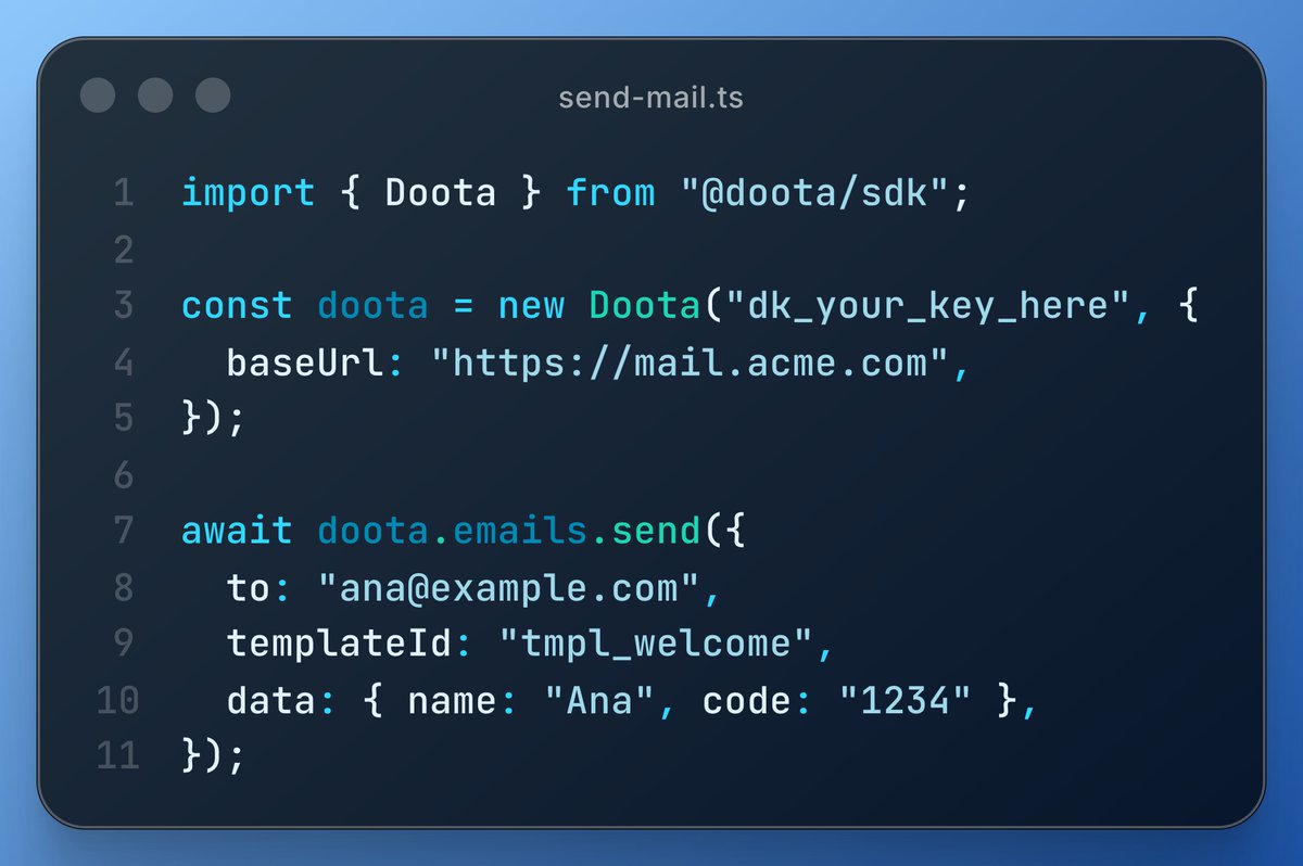 theether0's tweet photo. Started cooking, and I think I cooked.

@doota/sdk — transactional email with the same DX as Resend, except baseUrl points at your own server. https://t.co/vo3wGnfEyQ