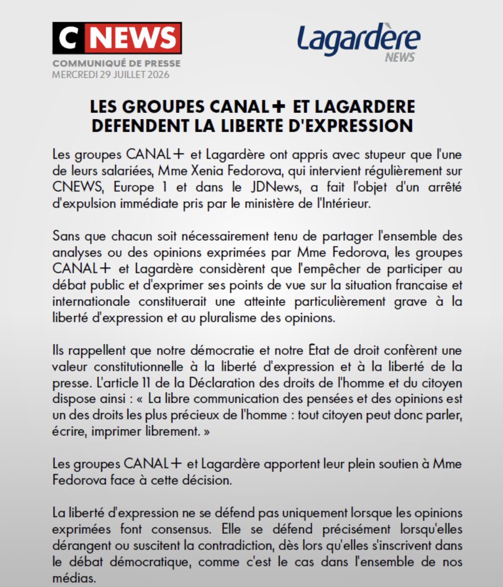 DestinationTele's tweet photo. ❗️Les groupes Canal+ et Lagardère soutiennent Xénia Fedorova et dénoncent "une atteinte particulièrement grave à la liberté d'expression et au pluralisme des opinions"💯 https://t.co/0XYFR8vJbM
