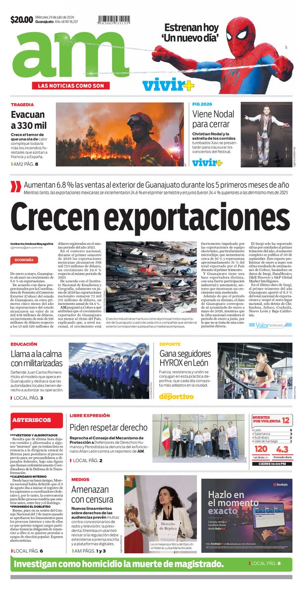 periodicoam's tweet photo. ¡Buenos días! Hoy es *miércoles 29 de julio del 2026* | 📰 Comienza tu día con *Las 8AM*☀️:
1️⃣ "No debe asustar": Defienden prepas militarizadas en Guanajuato tras llamado de la SEP https://t.co/IxzOoXk0nW

2️⃣ Exportaciones en Guanajuato crecen y superan los 14 mil mdd; MiPyMEs impulsan récord https://t.co/38BSkDQZCb

3️⃣ ¿Sirve la app del Optibús en León? Entre la reducción de la espera y las fallas de su GPS https://t.co/liQFERQZwW

4️⃣ Empresa falló con el arranque de juegos del Festival de Verano; exigen evaluar contrato https://t.co/CVjnY7vhto

5️⃣ Terror en Mactumatzá: Reportan hospitalizados y renuncias por novatadas https://t.co/WT2a1A6BpF

6️⃣ Estatización del litio desata tercera demanda arbitral contra el Gobierno mexicano https://t.co/21Gzqa3BRt

7️⃣ Cal Butler apuesta por el stand up mientras prepara su salto al cine internacional con Pedro Pascal https://t.co/UUVPylrCYl

8️⃣HYROX en León: ¿Qué es, dónde entrenarlo y cómo prepararte para competir en tiempo récord?  https://t.co/sf2DA5UaPi

El periodismo independiente se sostiene gracias a sus lectores. Suscríbete a AM 👉 https://t.co/YaPwFQHCv6

Sigue nuestro newsletter https://t.co/OJ8bUBsyzA