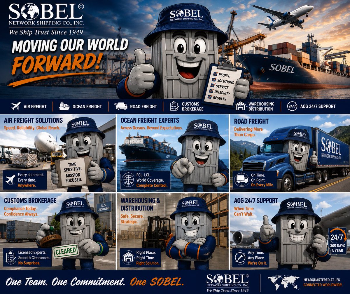 sobelshipping's tweet photo. #MrSOBEL #SOBEL #SobelNetworkShipping #WeShipTrustSince1949 #GlobalLogistics #FreightForwarding #CustomsBrokerage #AirFreight #OceanFreight #RoadFreight #Warehousing #Distribution #SupplyChain #ImportExport #AOG #LogisticsExcellence #GlobalTrade #ConnectedWorldwide #ATeam https://t.co/H9d2t92Bnq