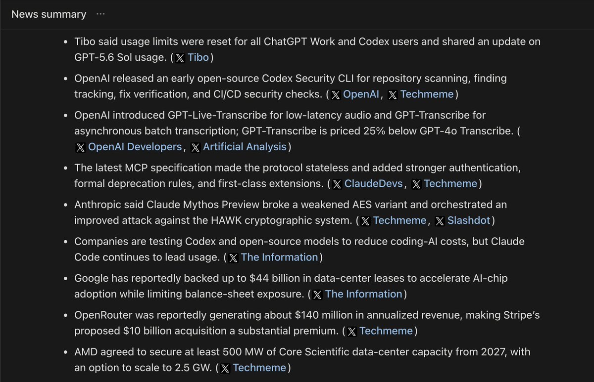 teja2495's tweet photo. Here’s a sample news summary from my daily brief.

The agent opens a News List I created on X with accounts I follow for news, reads their tweets from the last 24 hours, and gives me a brief with the only the news that matter to me. https://t.co/aX651wYWCe