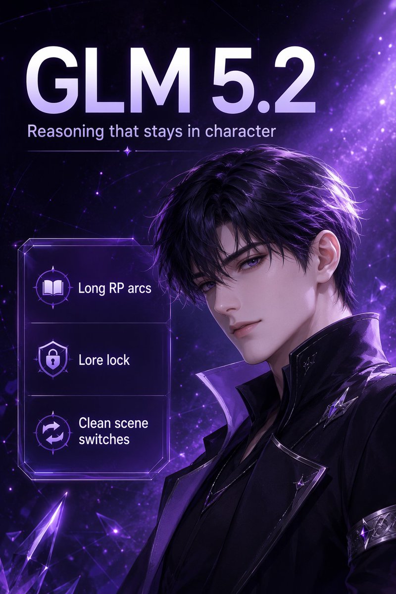 volinkorg's tweet photo. GLM 5.2 — thinks hard without breaking character.

• Long RP arcs with steadier lore hold across scenes
• Sharp multi-turn chat, clean scene switches
• Bonus: model id `glm-5.2`

#GLM52 #AIRoleplay https://t.co/0vRHyy5DLu