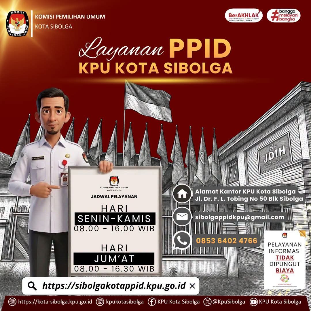 KpuSibolga's tweet photo. #TemanPemilih, Keterbukaan Informasi Publik adalah komitmen kami memberikan pelayanan yang transparan, cepat &amp; mudah bagi masyarakat Kota Sibolga.
Berikut diinformasikan jadwal pelayanan:
Senin–Kamis : 08.00–16.00 WIB
Jumat : 08.00–16.30 WIB
https://t.co/bu0ZG91FWx

#KPUMelayani https://t.co/T3BNd2vzyY