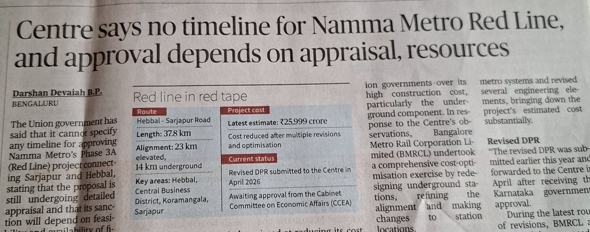 solidview's tweet photo. Beyond the headline Bengaluru must clearly understand this:

Orange Line delay is due to the throughout double-decker plan of State Govt

Red Line is in jeopardy due to the idiotic Tunnel Road (long &amp; short) of State Govt

Bengaluru must insist on public transport first policy🙏🏽 https://t.co/ZH5ZNqfiMF