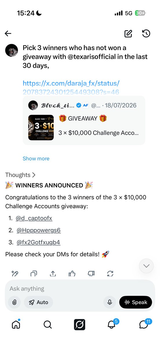 daraja_fx's tweet photo. 🎉 WINNERS ANNOUNCED 🎉
Congratulations to the 3 winners of the 3 × $10,000 Challenge Accounts giveaway:
1.  @d_captoofx
2.  @Hpppowergs6
3.  @fx2Gotfxugb4
Please  DM @texarisofficial with your  details! To claim your accounts 🚀 https://t.co/FWudlyich8