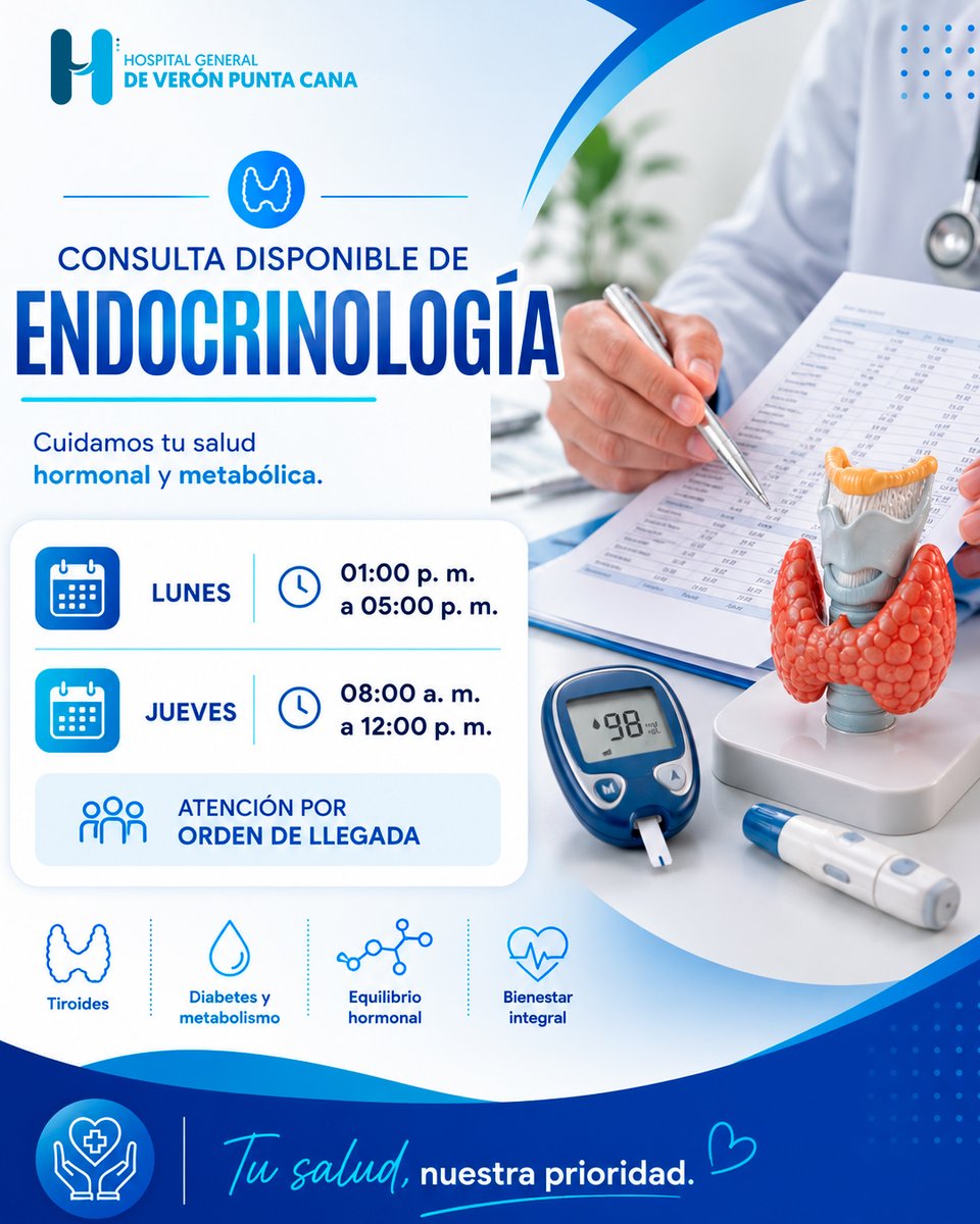 Hospitalveronpc's tweet photo. 🩺 ¡Consulta disponible de Endocrinología!

📅 Lunes: 1:00 p. m. a 5:00 p. m.
📅 Jueves: 8:00 a. m. a 12:00 p. m.
👥 Atención por orden de llegada.

💙 Cuidamos tu salud hormonal y metabólica.

#Endocrinologia #ConsultaDisponible #VeronPuntaCana #LaAltagracia https://t.co/IY2P7oyaw6