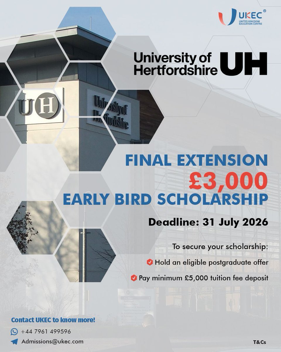 UKECcounsellor's tweet photo. 2 days left!

Don't miss your chance to save £3,000 on your postgraduate tuition fees at the University of Hertfordshire.

✔ Eligible postgraduate offer holder
✔ Pay your minimum £5,000 deposit by 31 July 2026

WhatsApp UKEC +447961499596 to apply now!!

#StudyInTheUK #UKEC https://t.co/uI4EyAS8Cb