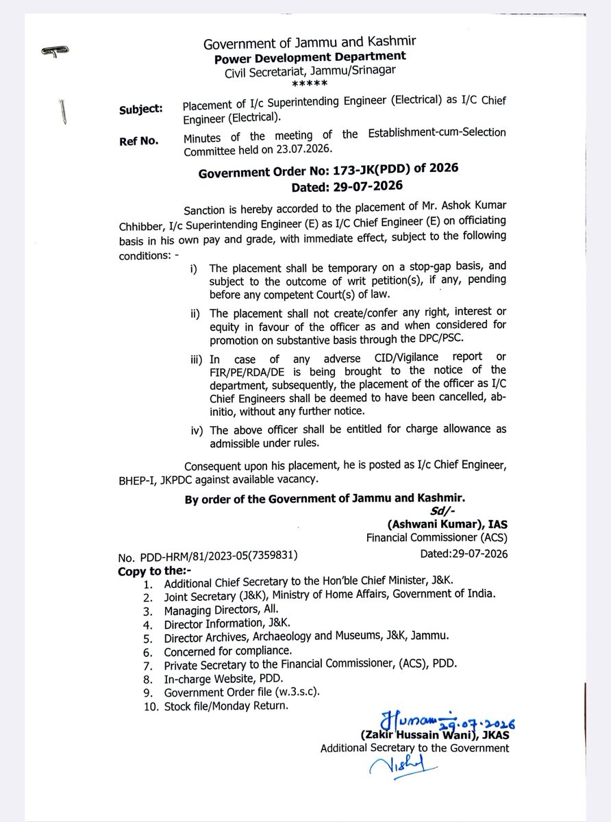 tickoosachin's tweet photo. JKEEGA Places on record immense Gratitude to Worthy Chief Secretary @DullooAtal sir,@AshwaniKumar_92 sir FCR(ACS) JKPDD for their magnanimous approach towards giving due  right of Promotion as Chief Engineer to the sincere and hardworking engineer Ashok Chibber.Thanks to HRM too. https://t.co/caMAAPysXl