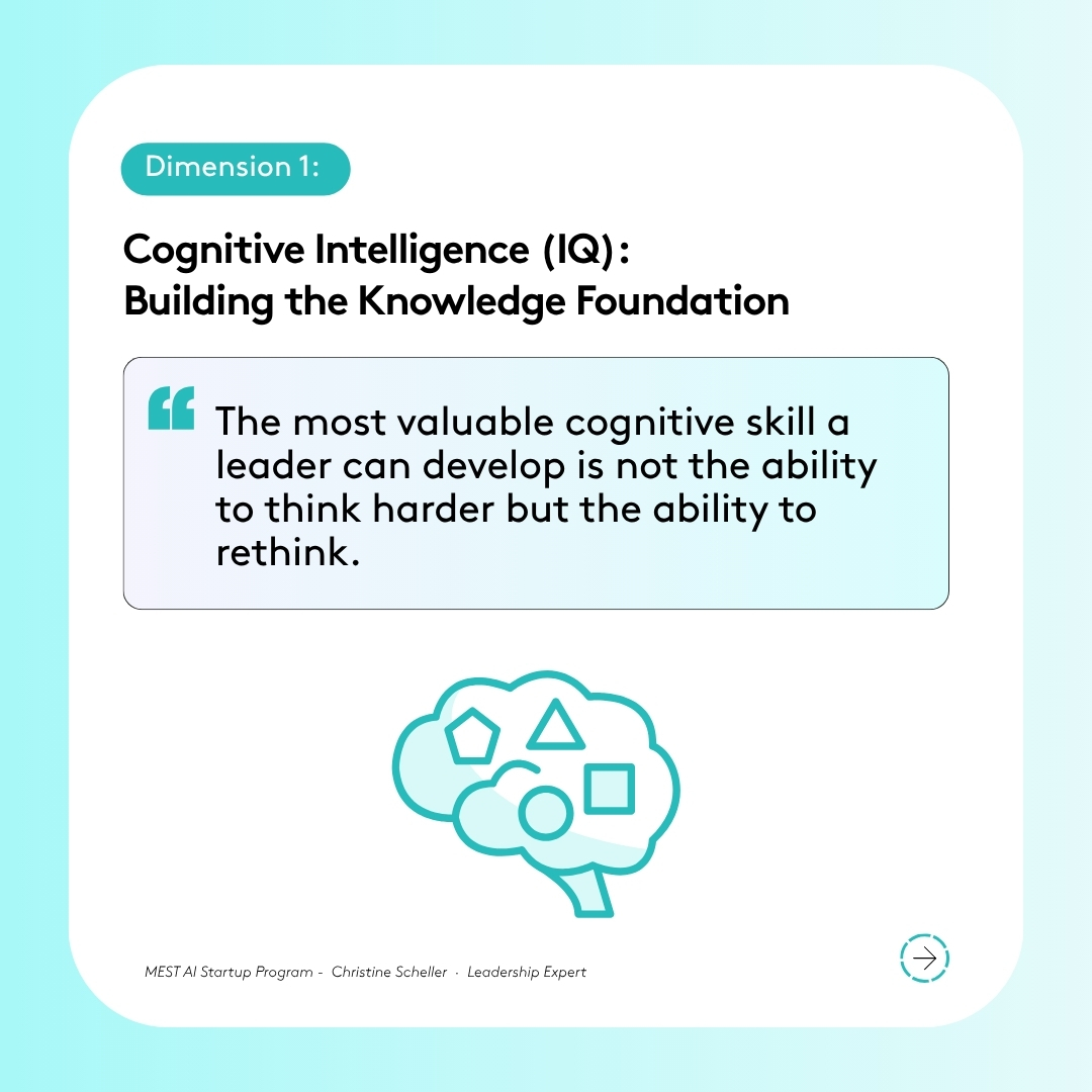 MESTAfrica's tweet photo. Christine Scheller, Leadership Expert, shares the four dimensions of intelligence that shape how founders lead, learn, and navigate the realities of building a company.

Cognitive Intelligence
Emotional Intelligence
Social Intelligence
Adversity Intelligence

Swipe through to explore the framework and read more https://t.co/ZUQDkyZCCW

#MESTAfrica #BuildAtMEST  #MESTAI2026 #MESTAIGlobal