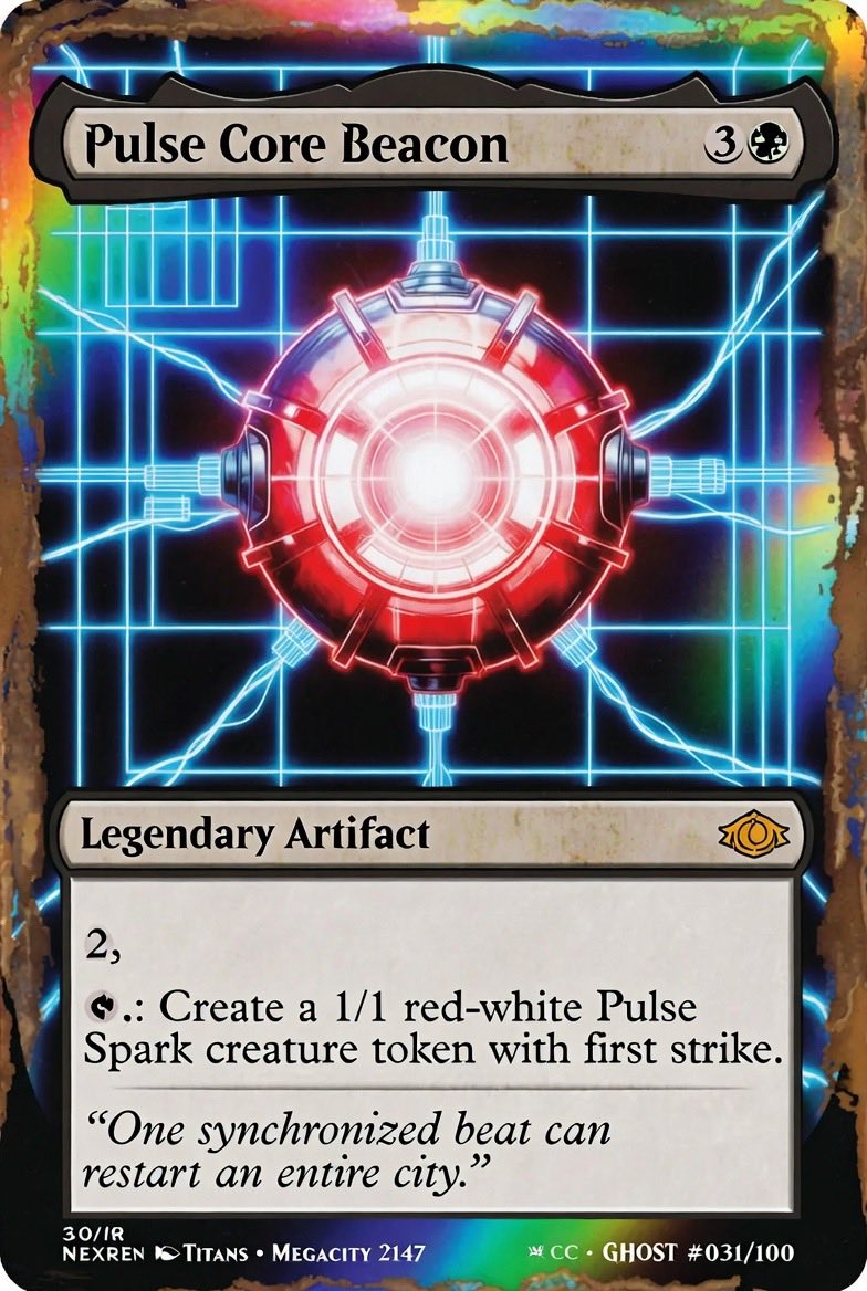 ESevans395's tweet photo. NEXUS TITANS #031 — ARIA VOSS, THE PULSE SOVEREIGN ❤️⚡

Full 5-piece Ghost Blueprint set just dropped:
• Main Legendary Creature
• Lore Card
• Legendary Artifact (Pulse Core Beacon)
• Borderless Pulse Spark Token
• Pulseforge Enclave Seal

The pulse doesn’t race through the city. It becomes its heartbeat.

#NexusTitans #GhostBlueprint #MTG #Cyberpunk
@grok @xai