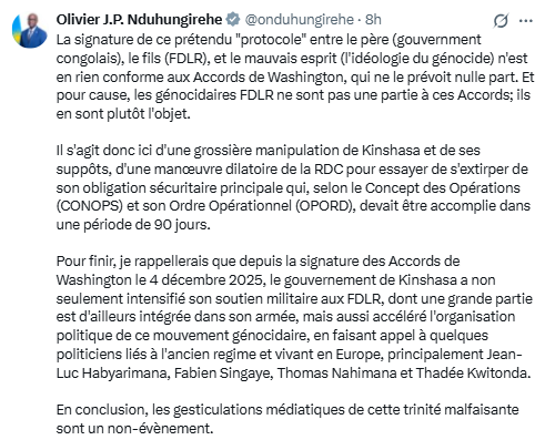 NormanIshimwe's tweet photo. La réaction des autorités rwandaises confirme surtout l'importance politique de ce protocole signé par les FDLR. Le débat ne devrait pas porter sur des invectives ou des étiquettes, mais sur une question simple : comment mettre fin à plus de trente ans de conflit et parvenir à la paix et la prosperité dans la région ?

Depuis trois décennies, l'approche exclusivement militaire et sécuritaire défendue par Kigali n'a produit ni paix, ni sécurité, ni résolution de la question des réfugiés. En rejetant toute ouverture politique, le régime rwandais défend en réalité une logique qui prolonge le conflit et le statu quo régional.

La seule voie crédible est une solution politique incluant l'ouverture de l'espace politique au Rwanda. C'est elle qui permettra :

• le retour volontaire, sûr et digne des centaines de milliers de réfugiés rwandais ;

• la disparition progressive des mouvements politico-militaires nés de cette crise des réfugiés ;

• une paix, une sécurité et une réconciliation durables au Rwanda et dans toute la région des Grands Lacs.

Ce protocole constitue une main tendue et une opportunité. Le Gouvernement du Rwanda devrait les saisir. C'est aussi l'esprit des Accords de Washington : traiter les causes profondes du conflit, et non en gérer indéfiniment les conséquences.

cc: @onduhungirehe @RwandaMFA