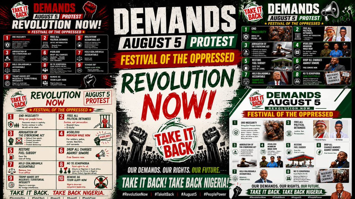 Princeshegs2348's tweet photo. Are you ready for the festival of the oppressed on August 5th?
The Take it back movement is inviting all oppressed Nigerians to th festival of the oppressed
#Tib
#Takeitbackmovement
#Sowore2027
#Seyimakinde https://t.co/OMvaEYwjF9