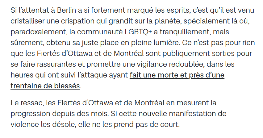 mbockcote's tweet photo. Cet éditorial du Devoir fait un lien entre l'attentat islamiste contre la gay pride de Berlin et la critique du film François.e  ! Il laisse même entendre que cet attentat islamiste meurtrier serait même le symbole du virage à droite du monde occidental ! 
Cet éditorial est d'une bêtise abyssale, il est aussi odieux.
***
https://t.co/LNac9QAGgP