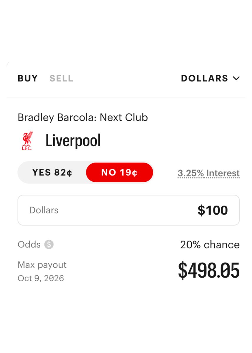 KalshiSports's tweet photo. NEW: Bradley Barcola is now MASSIVELY favored to land with Liverpool this summer, via Kalshi.

$100 on Barcola to play anywhere outside of Anfield next year pays out $498.05.

Can he help Liverpool make a title push? https://t.co/WLBDBOP3SR