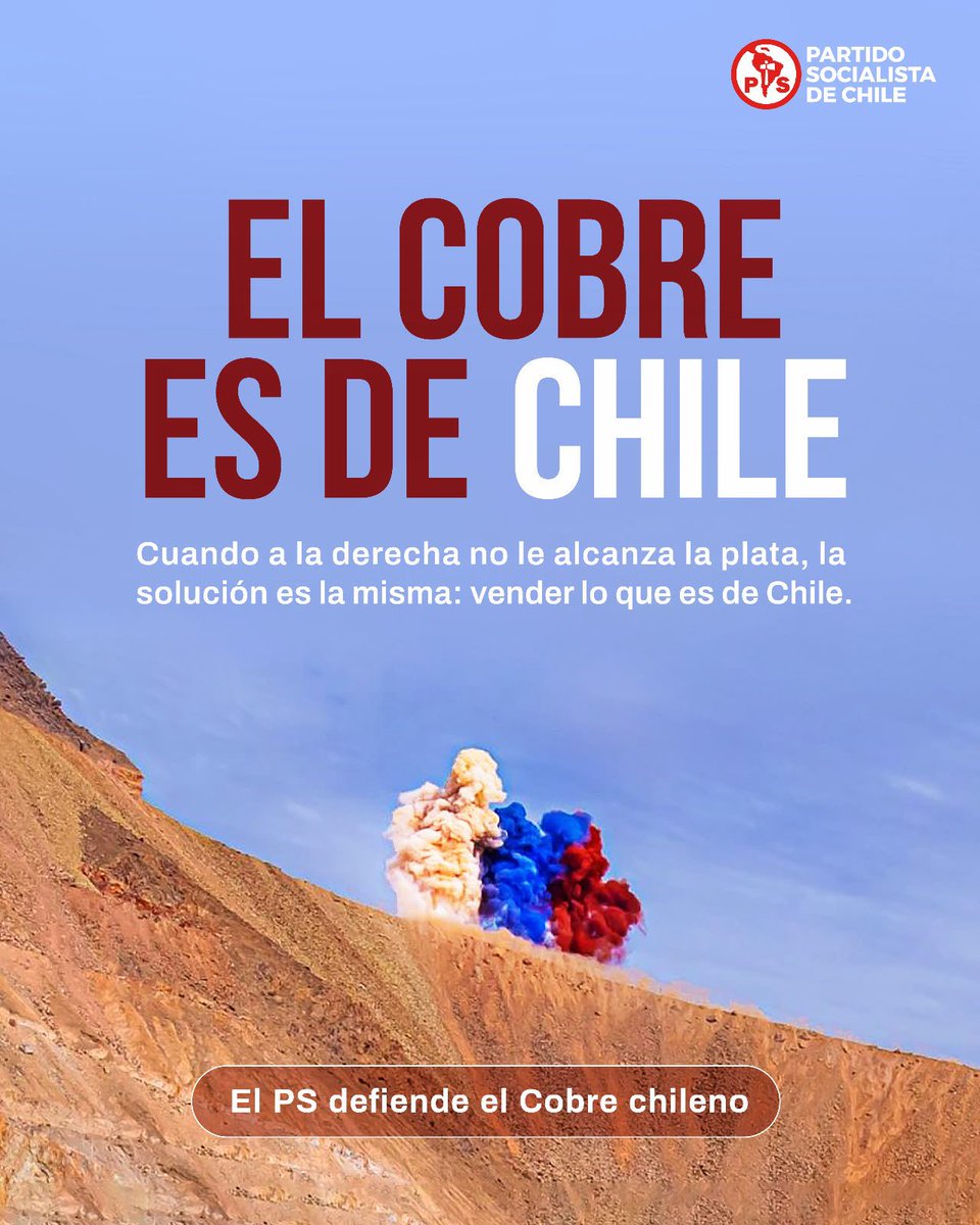 PSChile's tweet photo. Para X: Cuando a la derecha se queda sin plata, siempre hace lo mismo vender lo que es de todos. El cobre no está en oferta. #CodelcoNoSeVende #ElCobreEsDeChile https://t.co/1HCLQaHcUo