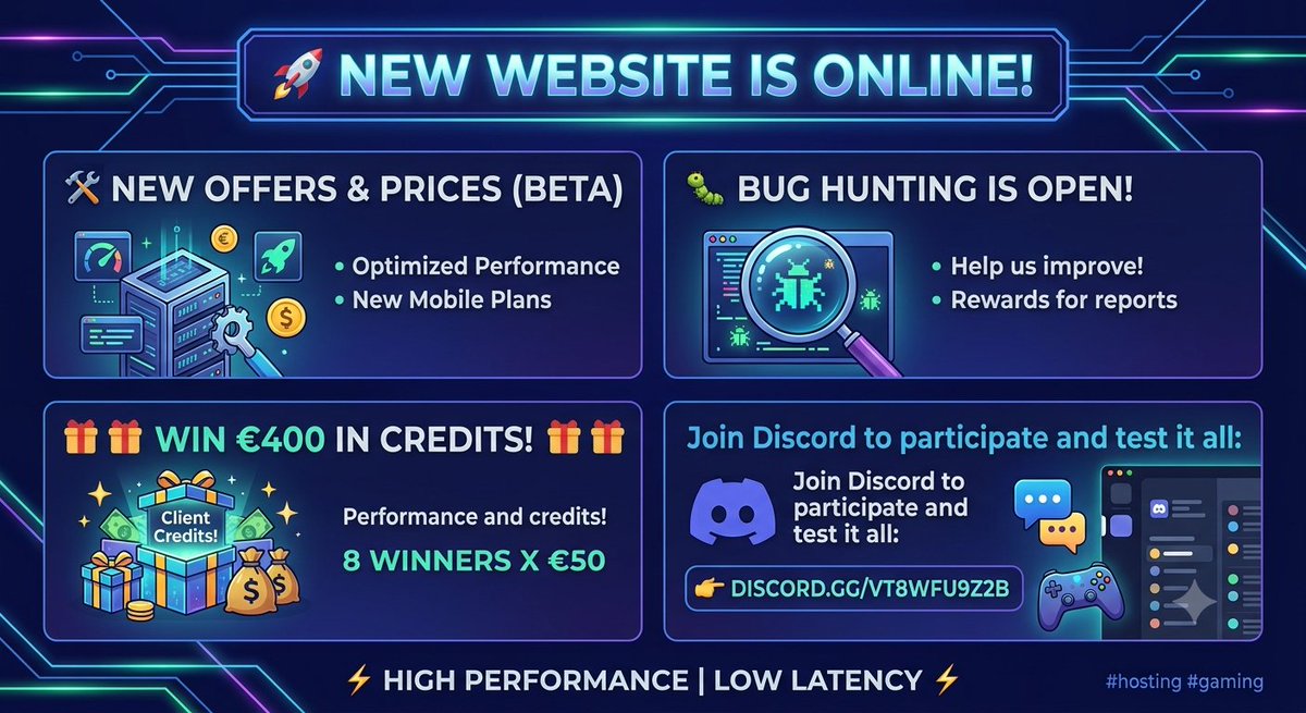 77__3Hosting's tweet photo. 🚀 New site is ONLINE!
🛠️ New offers &amp; pricing (beta version) 
🐛 Bug hunting is open!
🎁 €400 in credits to win (8x€50) 
Join the Discord to participate : https://t.co/VR5WmruuKL 👈 #hosting #gaming https://t.co/PiMAFsoM2e