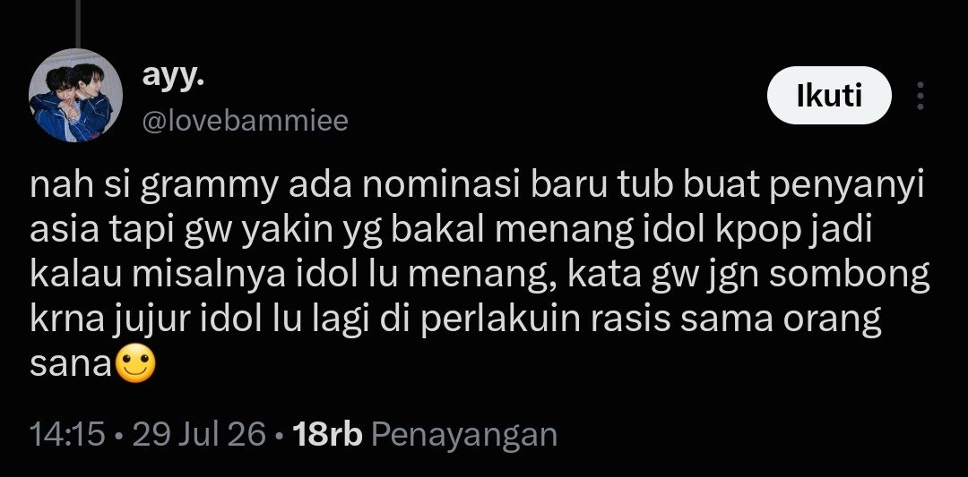 hypebleasy's tweet photo. Jujur gue bingung, kenapa fansnya jadi nyalahin dan ngerendahin artis Asia lain yang submit atau menang grammy dah. Kok ga sesuai sama narasi awal wkwk. Kalian kalo mau memframing BTS sebagai superhero nya musisi Asia silahkan aja, tapi kenapa kalian jadi gashlighting artis Asia lain yang submit dan menang grammy gitu dah, seolah-olah mereka lagi ngerendahin dan ngejatuhin harga diri mereka sebagai musisi Asia, aneh banget. Ga ada yang maksa idola kalian buat ga submit grammy loh, jadi kalo ada artis Asia lain yang submit atau mungkin sampai menang di grammy ya terserah mereka dong, bukan sebuah kesalahan juga. Dan 1 lagi mereka menang ya karena value mereka sebagai musisi bukan karena jadi second choice akibat BTS ga submit. Soalnya dari dulu artis Asia udah banyak kok yang menang Grammy, yang menang juga bukan cuma dari genre kpop.😭