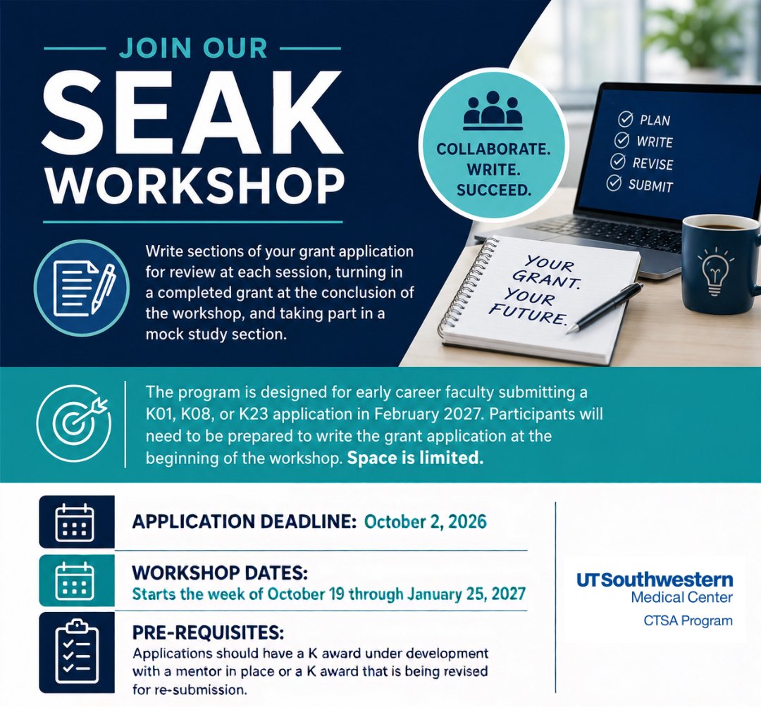 UTSW_CTSA's tweet photo. 📝 Ready to strengthen your next career development grant?

Applications are now open for the SEAK Workshop! 

🔗 https://t.co/jkLfC5fa9d https://t.co/bGGc3waSas