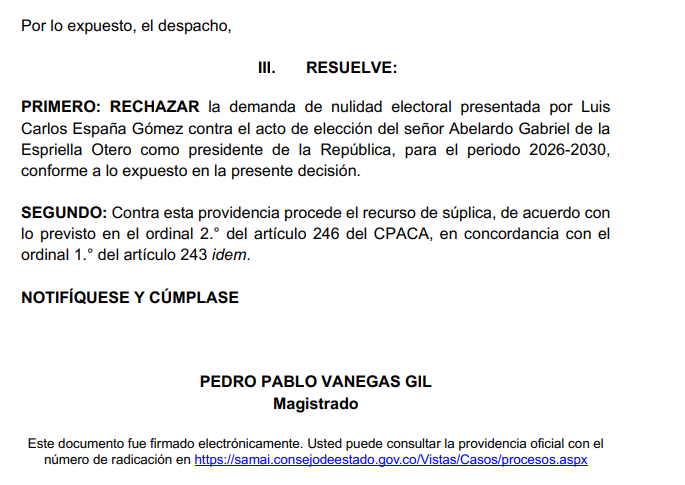 millanrussy's tweet photo. El Consejo de Estado RECHAZA la QUINTA y la SEXTA demanda contra la elección de Abelardo De La Espriella.

Son más de 30 demandas.
Caerán todas y cada una. https://t.co/9GUFqxzDA6