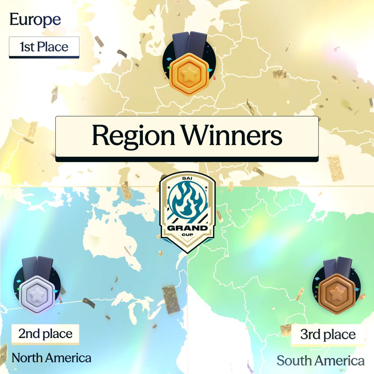 SaiDotFun's tweet photo. Europe takes the Sai Grand Cup 🏆. Congrats to all the winners.

Region:
 🥇 Europe
 🥈 South America
 🥉 North America

And the traders who led the charge...
Individual:
 🏆 Season MVP - 0x35…260b
 🥈 Runner-Up - 0x43….0e09
 🥉 Third Place - 0xd6….ba65

Shout out to the winners and everyone who traded for their region. Rewards will be distributed to your wallet shortly.