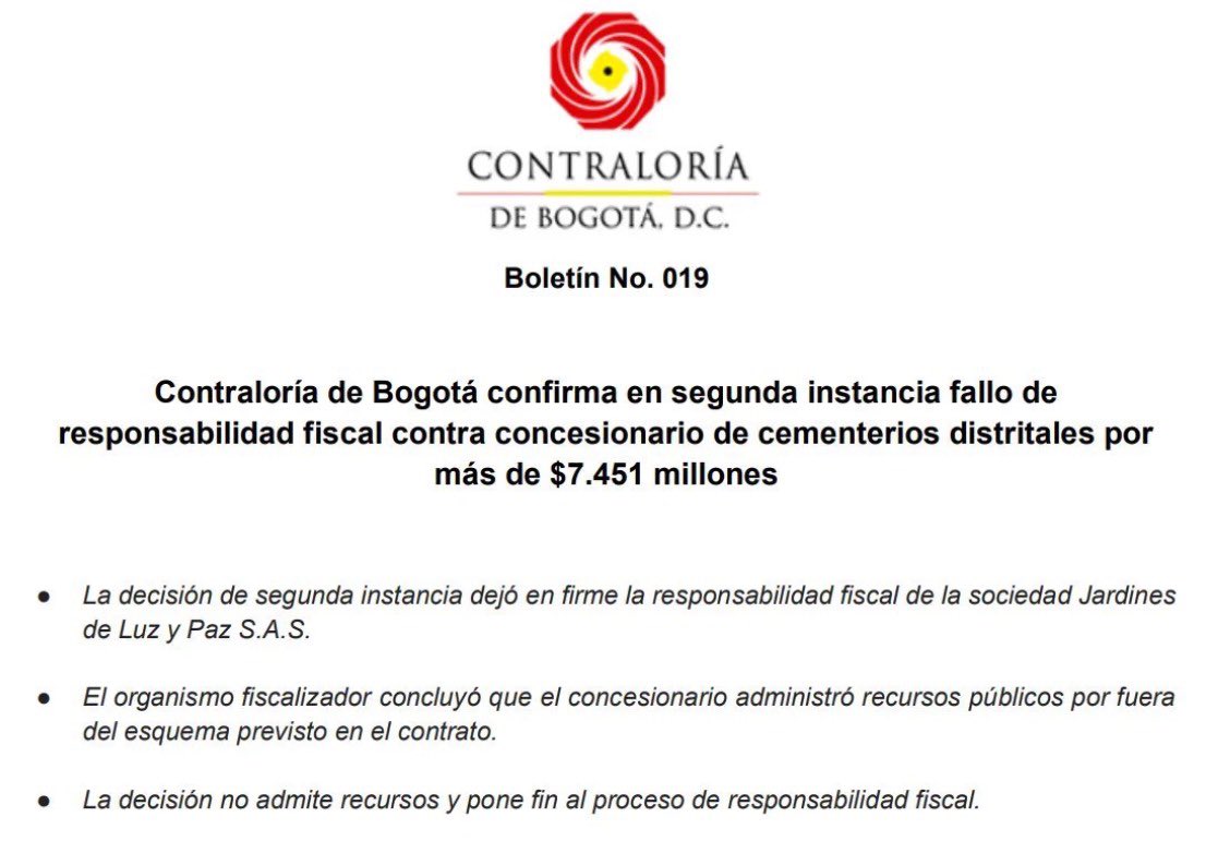 German_garciaM's tweet photo. El 20 de diciembre de 2022 advertimos las graves irregularidades en la concesión para la administración de los cementerios públicos: recursos desviados, recaudos en efectivo consignados en cuentas no autorizadas y dineros públicos destinados a cubrir gastos privados.
Hoy celebramos que la @ContraloriaBta haya emitido un fallo condenatorio. La vigilancia política rigurosa da resultados y la defensa de los recursos públicos no puede dar tregua.
https://t.co/Yi4x7W6eaQ