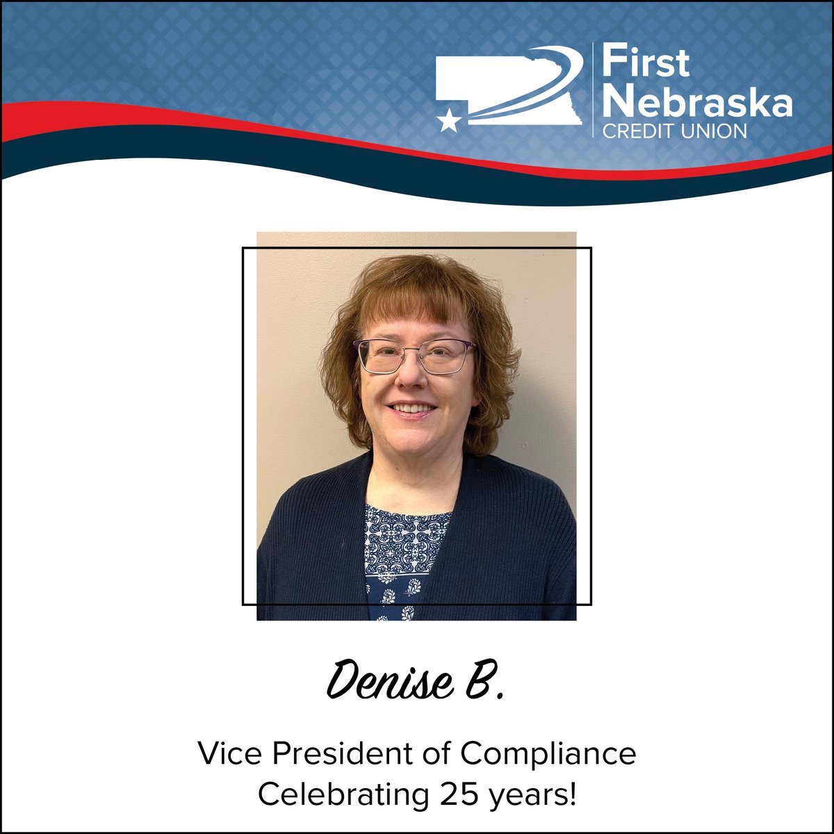 firstnebraska's tweet photo. Happy Anniversary Denise!

Denise B. is celebrating 25 years with the credit union. Thank you for your expertise!

To read more about her, visit https://t.co/7PcMfTy5iv https://t.co/w3kYo0UhFY
